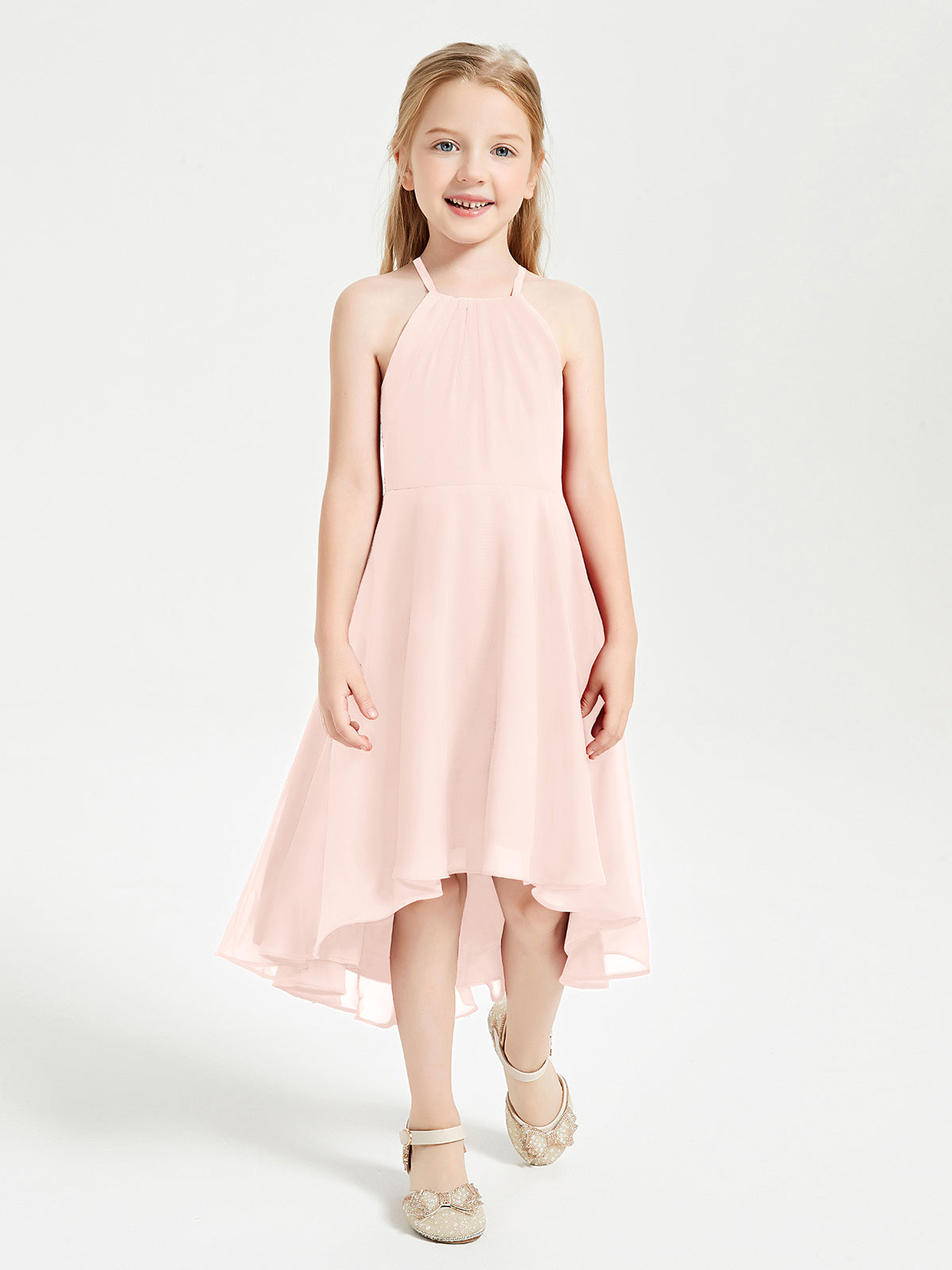 Tea Length Junior Bridesmaid Dresses with Asymmetrical Skirts Pearl Pink